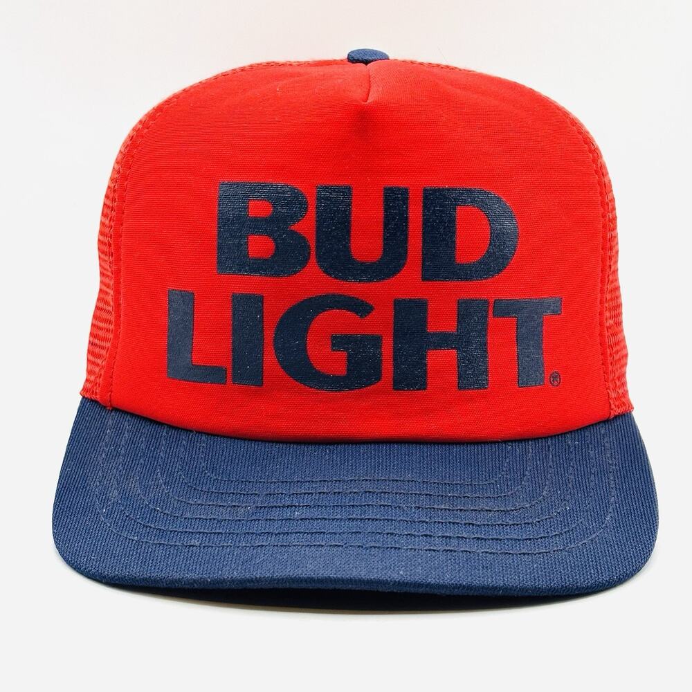 Vtg BUD LIGHT Red & Blue Snapback Trucker Hat Mesh Stylemaster Made In The USA
